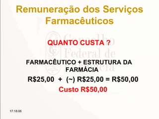 Remuneração dos Serviços
Farmacêuticos
QUANTO CUSTA ?
FARMACÊUTICO + ESTRUTURA DA
FARMÁCIA
R$25,00 + (~) R$25,00 = R$50,00
Custo R$50,00
17:18:06
 