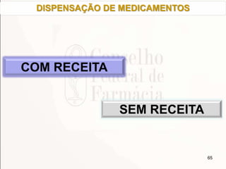 65
COM RECEITA
SEM RECEITA
DISPENSAÇÃO DE MEDICAMENTOS
 