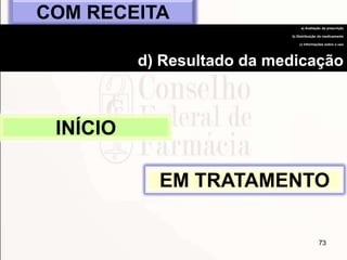 73
INÍCIO
COM RECEITA
a) Avaliação da prescrição
b) Distribuição do medicamento
c) Informações sobre o uso
d) Resultado da medicação
EM TRATAMENTO
 