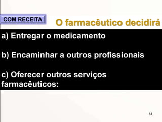 84
O farmacêutico decidirá
a) Entregar o medicamento
b) Encaminhar a outros profissionais
c) Oferecer outros serviços
farmacêuticos:
COM RECEITA
 