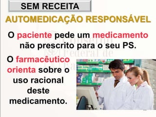 93
AUTOMEDICAÇÃO RESPONSÁVEL
O paciente pede um medicamento
não prescrito para o seu PS.
SEM RECEITA
O farmacêutico
orienta sobre o
uso racional
deste
medicamento.
 