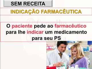 94
INDICAÇÃO FARMACÊUTICA
O paciente pede ao farmacêutico
para lhe indicar um medicamento
para seu PS
SEM RECEITA
 