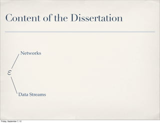 Content of the Dissertation


                      Networks



       "

                   Data Streams




Friday, September 7, 12
 