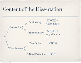 Content of the Dissertation

                                                     STACS12 +
                                  Partitioning
                                                    Algorithmica
                      Networks
                                                  SODA11 +
                                  Shortest Paths
                                                 Algorithmica
       "
                                  Time Series         ICDE10

                   Data Streams

                                  Burst Detection     NSDI11


Friday, September 7, 12
 