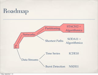 Roadmap

                                                                STACS12 +
                                             Partitioning
                                                               Algorithmica
                              Networks
                                                             SODA11 +
                                             Shortest Paths
                                                            Algorithmica
                          "
                                             Time Series         ICDE10

                              Data Streams

                                             Burst Detection     NSDI11

Friday, September 7, 12
 