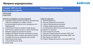 Метрики видеорекламы
Стандарт VAST 2.0, 3.0
Метрики в интерфейсе
Метрики дополнительные
Показы (exp)
Клики (click)
События в интерфейсе системы (subevent):
1. Impression Показ (начало просмотра видеоролика,
событие генерируется в момент начала
воспроизведения ролика после завершения его
буферизации)
2. CreativeView Открытие первого кадра ролика
3. Start Полная загрузка ролика и начало просмотра
4. Midpoint Середина рекламного ролика
5. FirstQuartile Первая четверть рекламного ролика
6. ThirdQuartile Третья четверть рекламного ролика
7. Complete Окончание просмотра рекл.ролика
8. Mute Выключение звука
9. Unmute Включение звука
10. Pause Пауза
События (subevent):
11. Rewind Перемотка
12. Resume Продолжение рекламы
13. Expand Разворачивание рекламы
14. Collapse Сворачивание рекламы
15. AcceptInvitation Дополнительный креатив, который
вызывается по нажатию
16. Close Закрытие рекламы
17. Fullscreen Разворачивание рекламы (VAST 3.0)
18. ExitFullscreen Сворачивание рекламы (VAST 3.0)
19. Skip Пропустить (VAST 3.0)
20. Progress Продолжительность рекламы (VAST 3.0)
 