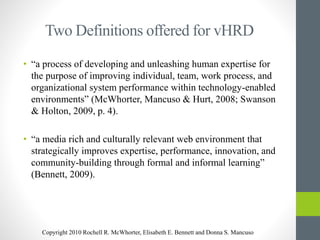 Two Definitions offered for vHRD
• “a process of developing and unleashing human expertise for
the purpose of improving individual, team, work process, and
organizational system performance within technology-enabled
environments” (McWhorter, Mancuso & Hurt, 2008; Swanson
& Holton, 2009, p. 4).
• “a media rich and culturally relevant web environment that
strategically improves expertise, performance, innovation, and
community-building through formal and informal learning”
(Bennett, 2009).
Copyright 2010 Rochell R. McWhorter, Elisabeth E. Bennett and Donna S. Mancuso
 
