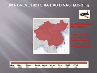 UMA BREVE HISTORIA DAS DINASTIAS-Qing
Conquistados pelo
povo Manchu.
A partir de 1840,
Qing sofreu uma
serie de derrotas
militares devido à
tecnologia inferior.
 