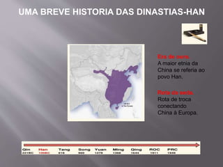 UMA BREVE HISTORIA DAS DINASTIAS-HAN
Era de ouro.
A maior etnia da
China se referia ao
povo Han.
Rota da seda.
Rota de troca
conectando
China à Europa.
 