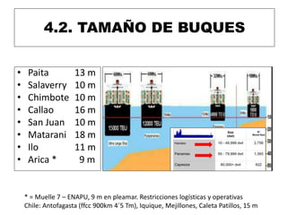 4.2. TAMAÑO DE BUQUES
• Paita 13 m
• Salaverry 10 m
• Chimbote 10 m
• Callao 16 m
• San Juan 10 m
• Matarani 18 m
• Ilo 11 m
• Arica * 9 m
* = Muelle 7 – ENAPU, 9 m en pleamar. Restricciones logísticas y operativas
Chile: Antofagasta (ffcc 900km 4´5 Tm), Iquique, Mejillones, Caleta Patillos, 15 m
 