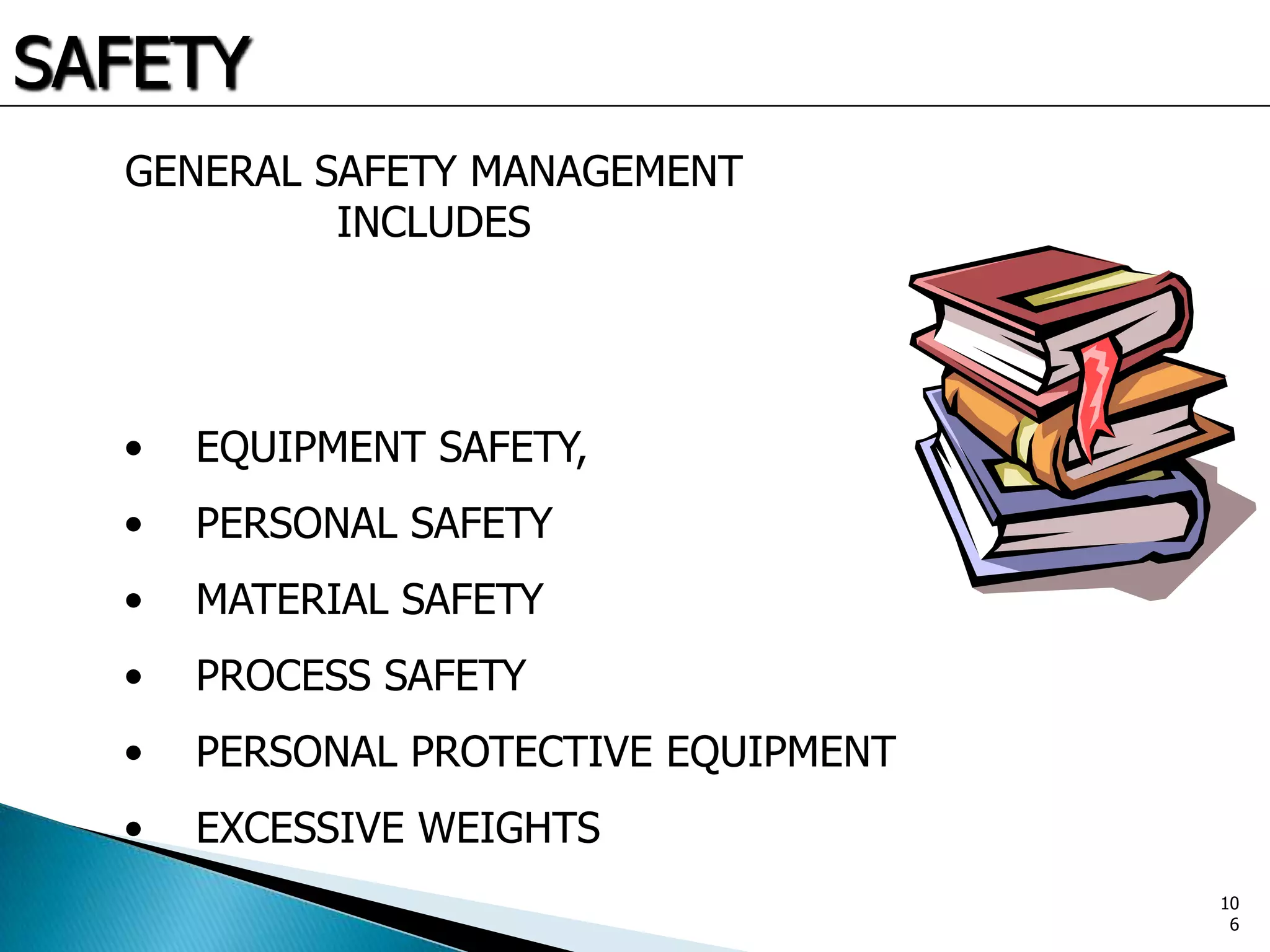 SAFETY
• EQUIPMENT SAFETY,
• PERSONAL SAFETY
• MATERIAL SAFETY
• PROCESS SAFETY
• PERSONAL PROTECTIVE EQUIPMENT
• EXCESSIVE WEIGHTS
GENERAL SAFETY MANAGEMENT
INCLUDES
10
6
 