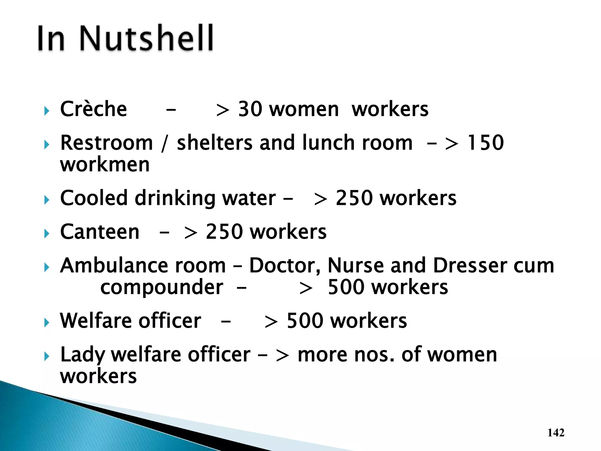  Crèche - > 30 women workers
 Restroom / shelters and lunch room - > 150
workmen
 Cooled drinking water - > 250 workers
 Canteen - > 250 workers
 Ambulance room – Doctor, Nurse and Dresser cum
compounder - > 500 workers
 Welfare officer - > 500 workers
 Lady welfare officer - > more nos. of women
workers
142
 