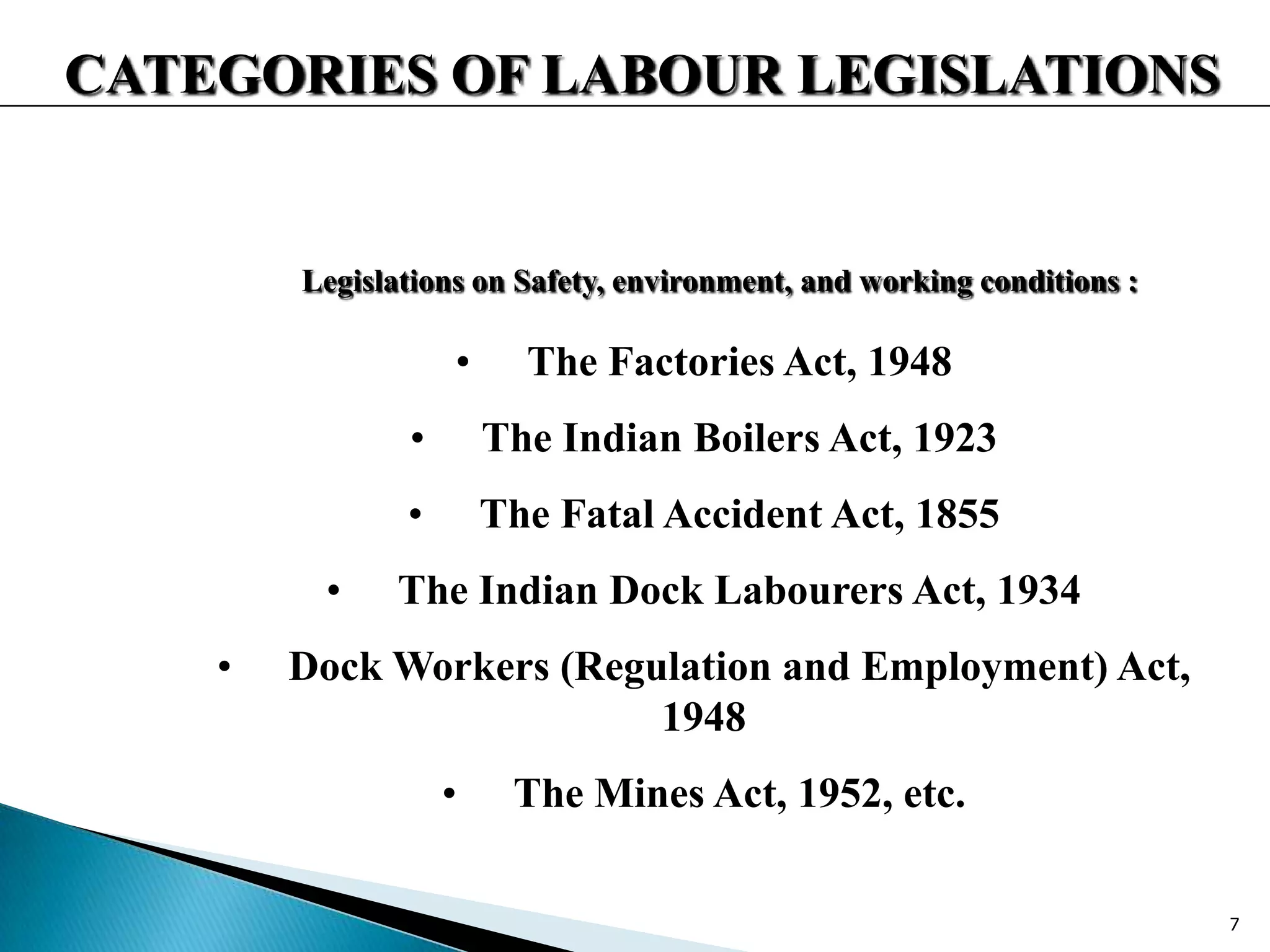 CATEGORIES OF LABOUR LEGISLATIONS
Legislations on Safety, environment, and working conditions :
• The Factories Act, 1948
• The Indian Boilers Act, 1923
• The Fatal Accident Act, 1855
• The Indian Dock Labourers Act, 1934
• Dock Workers (Regulation and Employment) Act,
1948
• The Mines Act, 1952, etc.
7
 