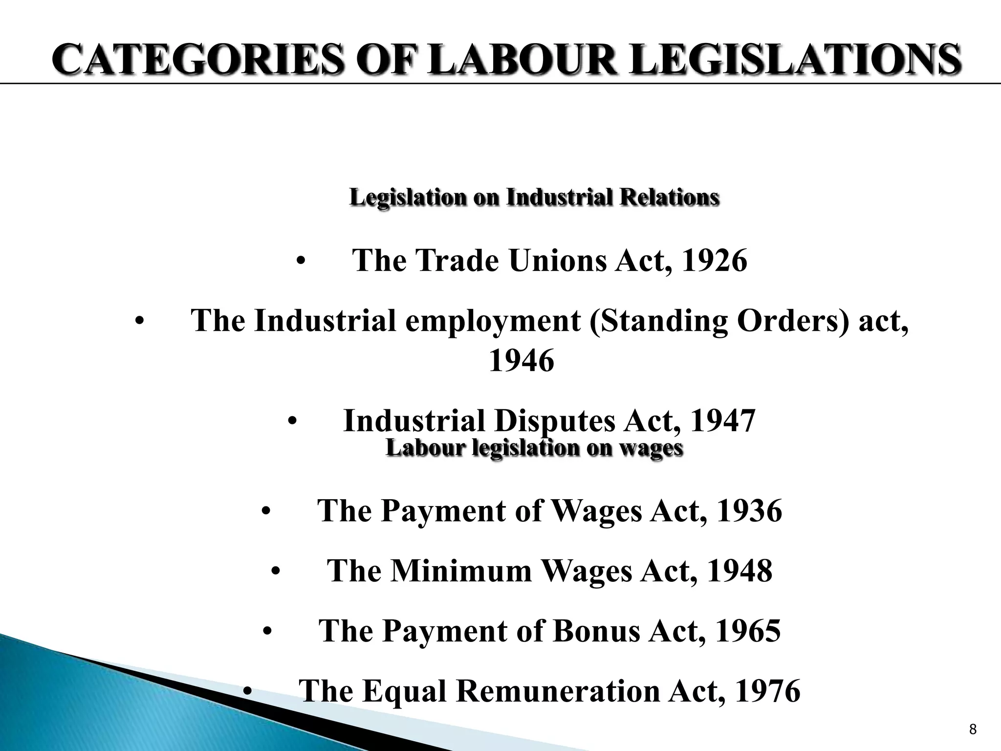 CATEGORIES OF LABOUR LEGISLATIONS
Legislation on Industrial Relations
• The Trade Unions Act, 1926
• The Industrial employment (Standing Orders) act,
1946
• Industrial Disputes Act, 1947
Labour legislation on wages
• The Payment of Wages Act, 1936
• The Minimum Wages Act, 1948
• The Payment of Bonus Act, 1965
• The Equal Remuneration Act, 1976
8
 