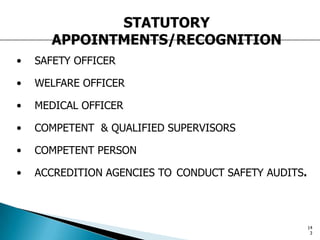 STATUTORY
APPOINTMENTS/RECOGNITION
• SAFETY OFFICER
• WELFARE OFFICER
• MEDICAL OFFICER
• COMPETENT & QUALIFIED SUPERVISORS
• COMPETENT PERSON
• ACCREDITION AGENCIES TO CONDUCT SAFETY AUDITS.
14
3
 