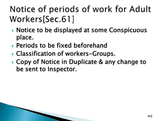  Notice to be displayed at some Conspicuous
place.
 Periods to be fixed beforehand
 Classification of workers-Groups.
 Copy of Notice in Duplicate & any change to
be sent to Inspector.
162
 