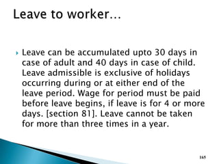  Leave can be accumulated upto 30 days in
case of adult and 40 days in case of child.
Leave admissible is exclusive of holidays
occurring during or at either end of the
leave period. Wage for period must be paid
before leave begins, if leave is for 4 or more
days. [section 81]. Leave cannot be taken
for more than three times in a year.
165
 