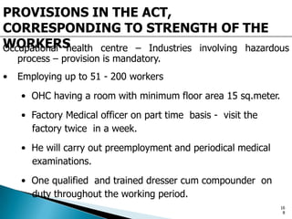PROVISIONS IN THE ACT,
CORRESPONDING TO STRENGTH OF THE
WORKERSOccupational health centre – Industries involving hazardous
process – provision is mandatory.
• Employing up to 51 - 200 workers
• OHC having a room with minimum floor area 15 sq.meter.
• Factory Medical officer on part time basis - visit the
factory twice in a week.
• He will carry out preemployment and periodical medical
examinations.
• One qualified and trained dresser cum compounder on
duty throughout the working period.
16
8
 