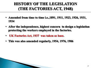 HISTORY OF THE LEGISLATION
(THE FACTORIES ACT, 1948)
• Amended from time to time i.e.,1891, 1911, 1923, 1926, 1931,
1934
• After the independence, highest concern to design a legislation
protecting the workers employed in the factories.
• UK Factories Act, 1937 was taken as base.
• This was also amended regularly, 1954, 1976, 1986
17
 