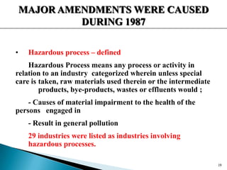 MAJOR AMENDMENTS WERE CAUSED
DURING 1987
• Hazardous process – defined
Hazardous Process means any process or activity in
relation to an industry categorized wherein unless special
care is taken, raw materials used therein or the intermediate
products, bye-products, wastes or effluents would ;
- Causes of material impairment to the health of the
persons engaged in
- Result in general pollution
29 industries were listed as industries involving
hazardous processes.
19
 