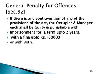  If there is any contravention of any of the
provisions of the act, the Occupier & Manager
each shall be Guilty & punishable with
 Imprisonment for a term upto 2 years.
 with a fine upto Rs.100000
 or with Both.
194
 