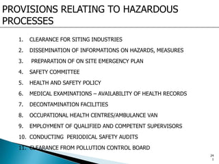 PROVISIONS RELATING TO HAZARDOUS
PROCESSES
1. CLEARANCE FOR SITING INDUSTRIES
2. DISSEMINATION OF INFORMATIONS ON HAZARDS, MEASURES
3. PREPARATION OF ON SITE EMERGENCY PLAN
4. SAFETY COMMITTEE
5. HEALTH AND SAFETY POLICY
6. MEDICAL EXAMINATIONS – AVAILABILITY OF HEALTH RECORDS
7. DECONTAMINATION FACILITIES
8. OCCUPATIONAL HEALTH CENTRES/AMBULANCE VAN
9. EMPLOYMENT OF QUALIFIED AND COMPETENT SUPERVISORS
10. CONDUCTING PERIODICAL SAFETY AUDITS
11. CLEARANCE FROM POLLUTION CONTROL BOARD
24
1
 
