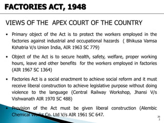 VIEWS OF THE APEX COURT OF THE COUNTRY
• Primary object of the Act is to protect the workers employed in the
factories against industrial and occupational hazards ( Bhikusa Vamsa
Kshatria V/s Union India, AIR 1963 SC 779)
• Object of the Act is to secure health, safety, welfare, proper working
hours, leave and other benefits for the workers employed in factories
(AIR 1967 SC 1364)
• Factories Act is a social enactment to achieve social reform and it must
receive liberal construction to achieve legislative purpose without doing
violence to the language (Central Railway Workshop, Jhansi V/s
Vishwanath AIR 1970 SC 488)
• Provision of the Act must be given liberal construction (Alembic
Chemical Works Co. Ltd V/s AIR 1961 SC 647.
FACTORIES ACT, 1948
26
2
 