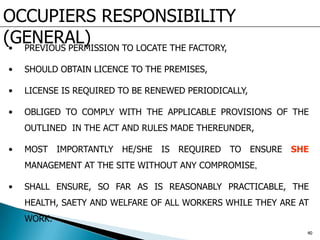 OCCUPIERS RESPONSIBILITY
(GENERAL)• PREVIOUS PERMISSION TO LOCATE THE FACTORY,
• SHOULD OBTAIN LICENCE TO THE PREMISES,
• LICENSE IS REQUIRED TO BE RENEWED PERIODICALLY,
• OBLIGED TO COMPLY WITH THE APPLICABLE PROVISIONS OF THE
OUTLINED IN THE ACT AND RULES MADE THEREUNDER,
• MOST IMPORTANTLY HE/SHE IS REQUIRED TO ENSURE SHE
MANAGEMENT AT THE SITE WITHOUT ANY COMPROMISE,
• SHALL ENSURE, SO FAR AS IS REASONABLY PRACTICABLE, THE
HEALTH, SAETY AND WELFARE OF ALL WORKERS WHILE THEY ARE AT
WORK.
40
 