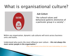 Sub Culture
“the cultural values and
behavioral patterns distinctive of
a particular group in a society”.**
Within any organisation, dynamic sub cultures will exist across business
units and teams.
Understand who exerts the most influence over culture - this not always the
most senior people in the organisation.*
*https://www.aonhewitt.com.au/Home/Hot-topics/Understanding-risk-culture
 
