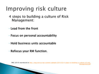 4 steps to building a culture of Risk
Management:
◦ Lead from the front
◦ Focus on personal accountability
◦ Hold business units accountable
◦ Refocus your RM function.
PWC (2010) reproduced at http://nkg.com.au/wp-content/uploads/2014/03/4-steps-to-building-a-culture-of-risk-
management.pdf
 