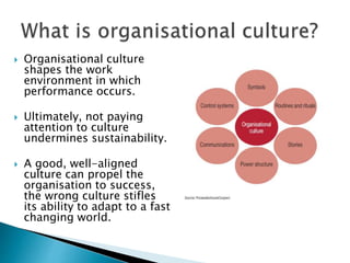  Organisational culture
shapes the work
environment in which
performance occurs.
 Ultimately, not paying
attention to culture
undermines sustainability.
 A good, well-aligned
culture can propel the
organisation to success,
the wrong culture stifles
its ability to adapt to a fast
changing world.
 