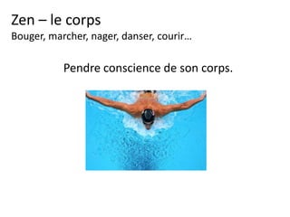 Zen-méditation
La respiration pour diluer les pensées
La consigne est d'inspirer et d'expirer silencieusement par le nez,
5 secondes inspirer, 5 secondes expirer
en laissant la bouche fermée et la langue contre le palais, sans forcer la
respiration.
On peut lever les yeux au ciel pour la pratiquer.
Et la pratiquer en marchant…
Le but est de laisser les images et les pensées surgissant de l'inconscient passer
comme « nuages dans le ciel » : sans chercher à les analyser ni à s'en
préoccuper.
 