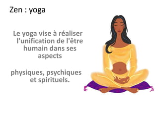 Zen-sensation
Méditer et visualiser
La tête
Les bras
Le cœur
Les poumons
Le ventre
Les jambes…
Respirer 3 fois en pensant à chaque organe et les pensées s’envolent.
Respirer en se focalisant sur différentes parties du corps
Le soir pour dormir et se réveiller en forme.
http://www.passeportsante.net/fr/P/Bibliotheque/Fiche.aspx?doc=Biblio_7172
 