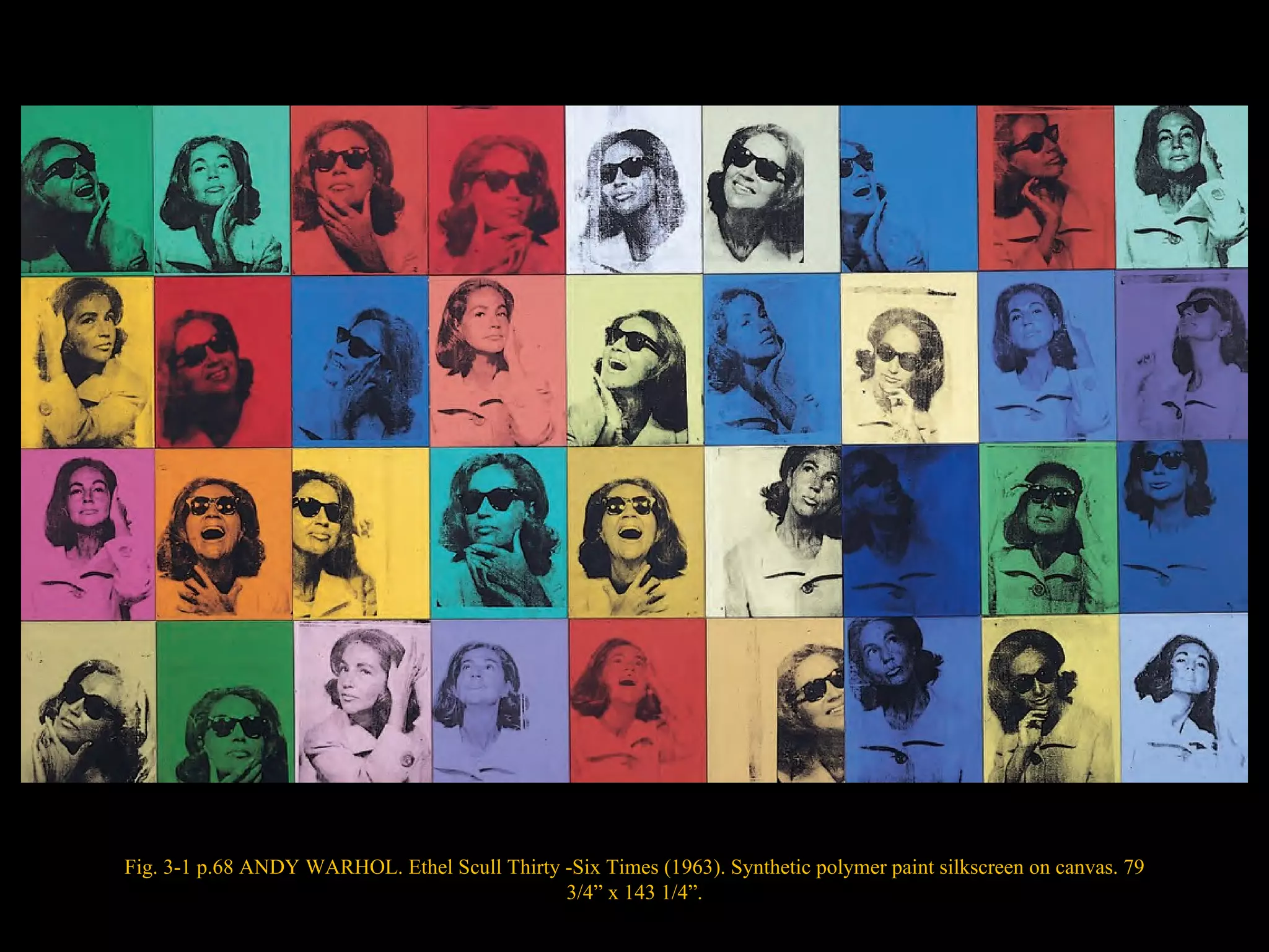Fig. 3-1 p.68 ANDY WARHOL. Ethel Scull Thirty -Six Times (1963). Synthetic polymer paint silkscreen on canvas. 79 3/4” x 143 1/4”. 