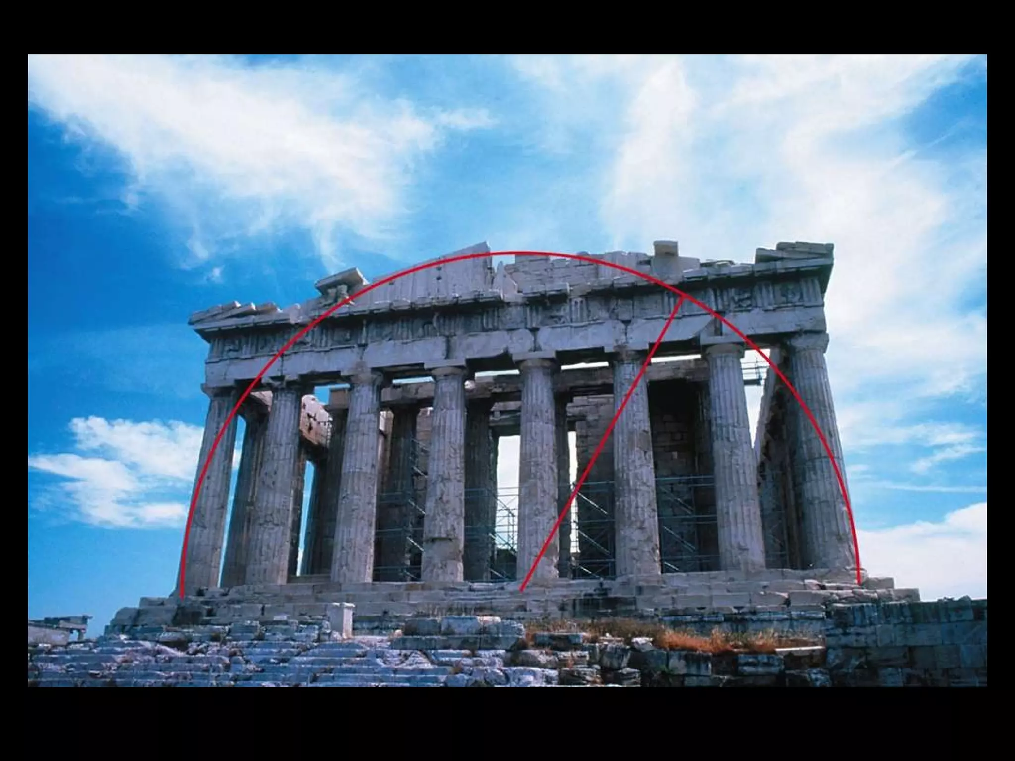 Figure 3.36, p.89:  The east facade of the Parthenon, superimposed with a root five rectangle. When we do not consider the gable (which is absent in this photograph), the facade of the Parthenon is a root five rectangle. 