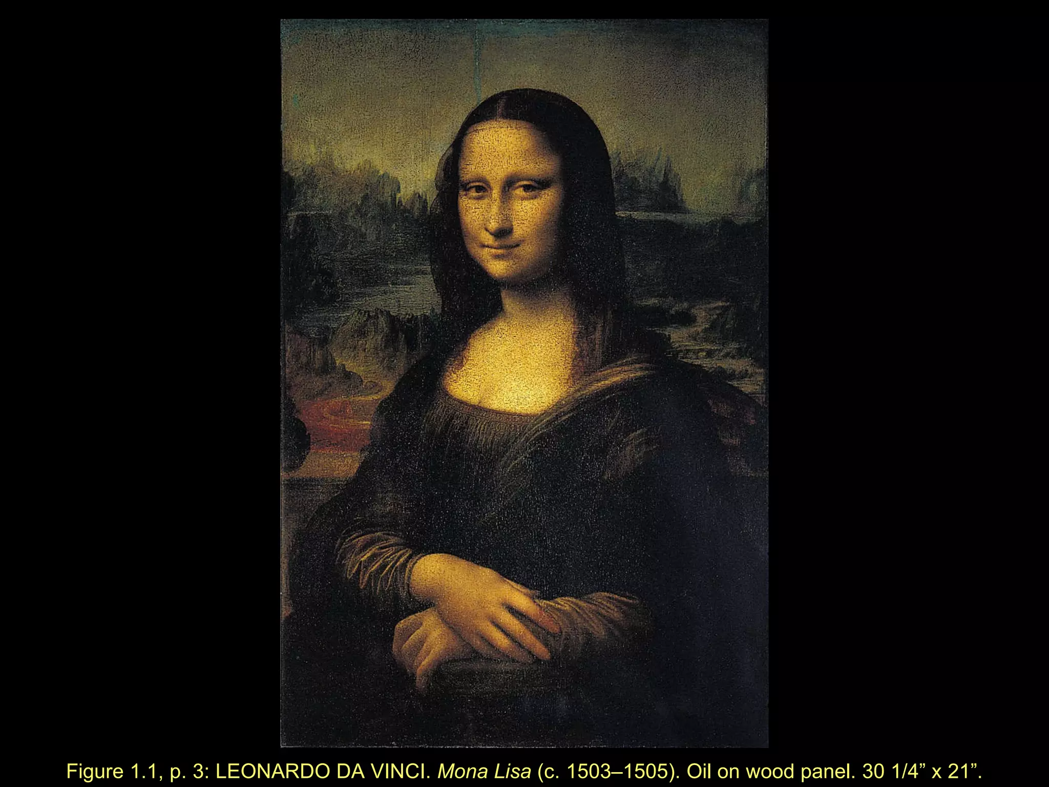 Figure 1.1, p. 3: LEONARDO DA VINCI.  Mona Lisa  (c. 1503–1505). Oil on wood panel. 30  1/4”   x  21 ” . 