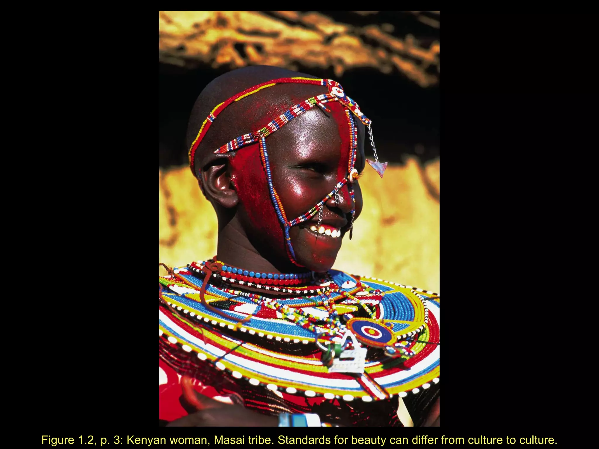 Figure 1.2, p. 3: Kenyan woman, Masai tribe. Standards for beauty can differ from culture to culture. 