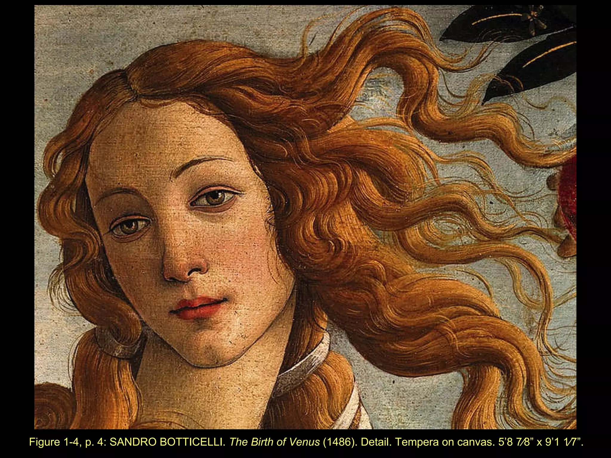 Figure 1 - 4, p. 4: SANDRO BOTTICELLI.  The Birth of Venus  (1486). Detail. Tempera on canvas. 5 ’ 8   7⁄8 ”   x  9 ’ 1   1⁄7 ” . 