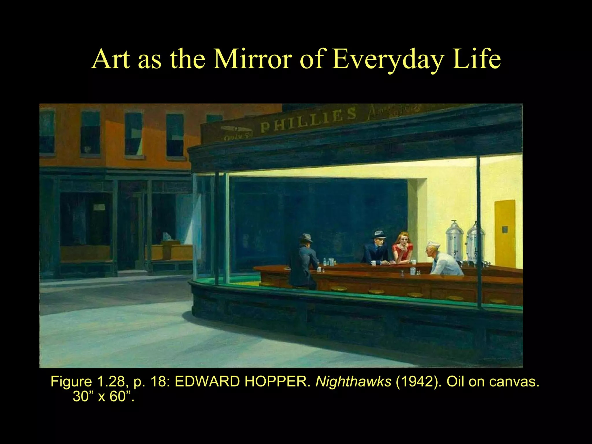 Art as the Mirror of Everyday Life Figure 1.28, p. 18: EDWARD HOPPER.  Nighthawks  (1942). Oil on canvas. 30 ” x  60 ” . 