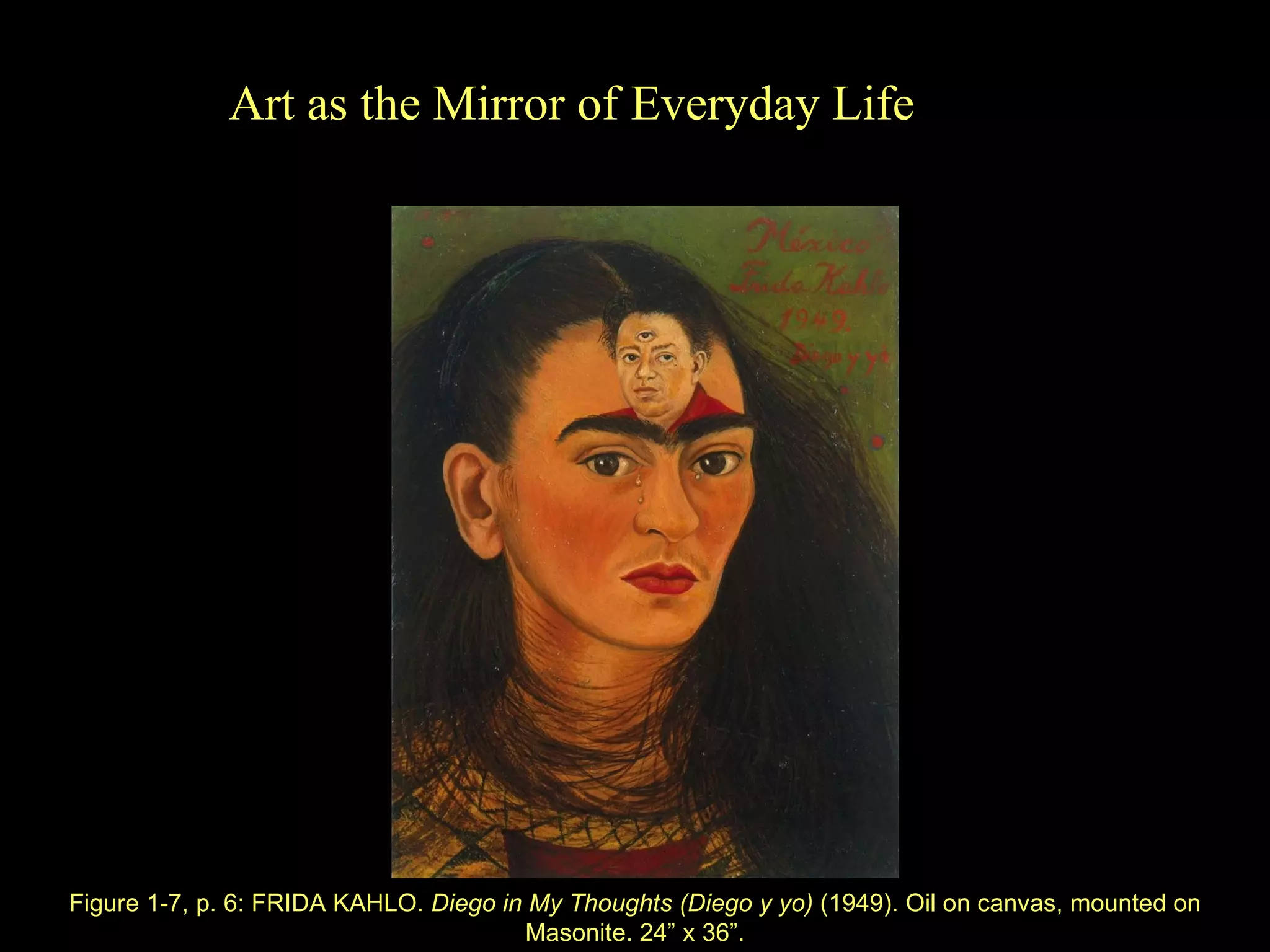 Figure 1 - 7, p. 6: FRIDA KAHLO.  Diego in My Thoughts (Diego y yo)  (1949). Oil on canvas, mounted on Masonite. 24 ” x  36 ” . Art as the Mirror of Everyday Life 
