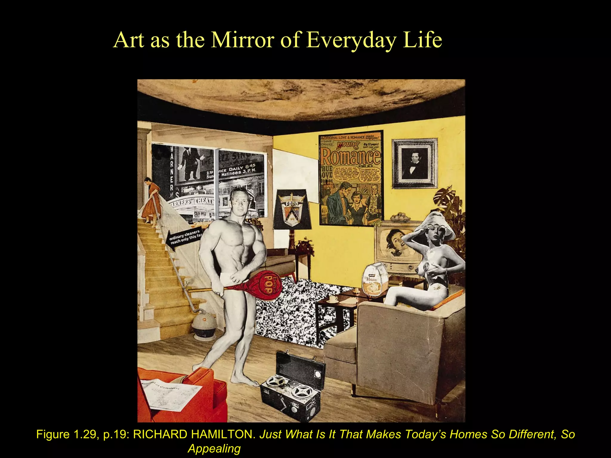 Figure 1.29, p.19: RICHARD HAMILTON.  Just What Is It That Makes Today’s Homes So Different, So Appealing ?  (1956).  Collage. 10   1⁄4 ” x  9   3⁄4 ” . Art as the Mirror of Everyday Life 