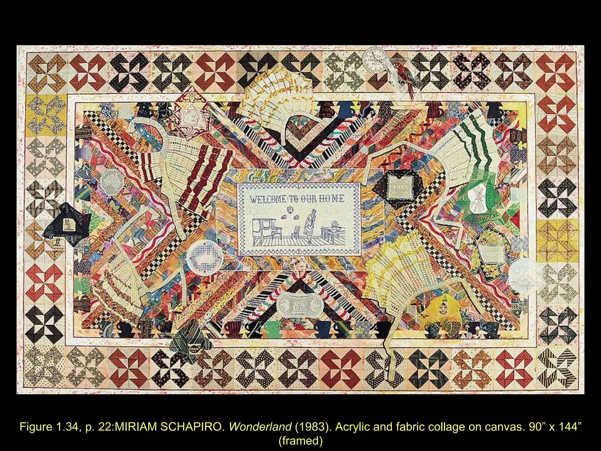 Figure 1.34, p. 22:MIRIAM SCHAPIRO.  Wonderland  (1983). Acrylic and fabric collage on canvas. 90 ” x  144 ”  (framed) 