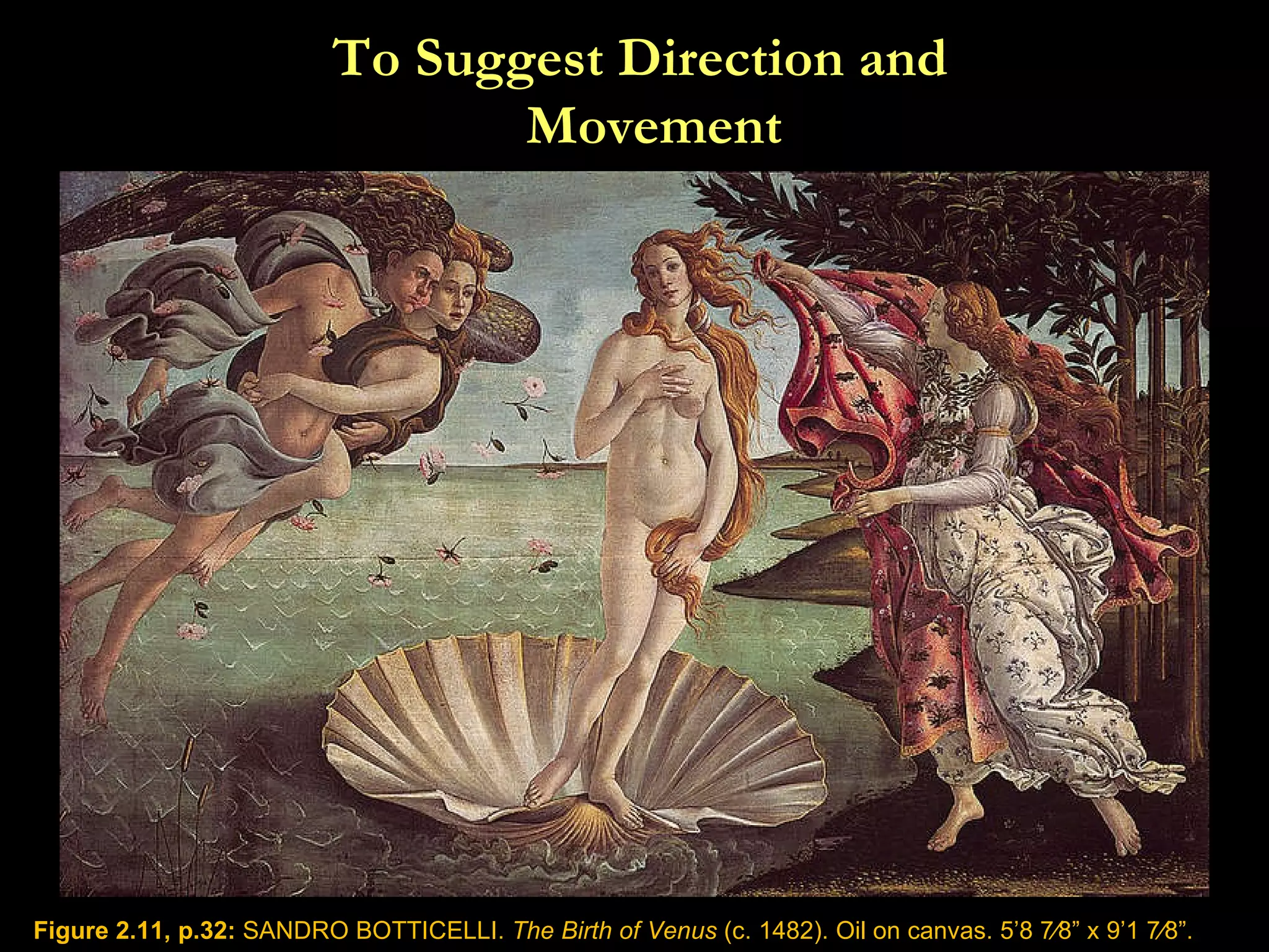 Figure 2.11, p.32:  SANDRO BOTTICELLI.  The Birth of Venus  (c. 1482). Oil on canvas. 5 ’ 8   7⁄8 ” x  9 ’ 1   7⁄8 ” . To Suggest Direction and   Movement 