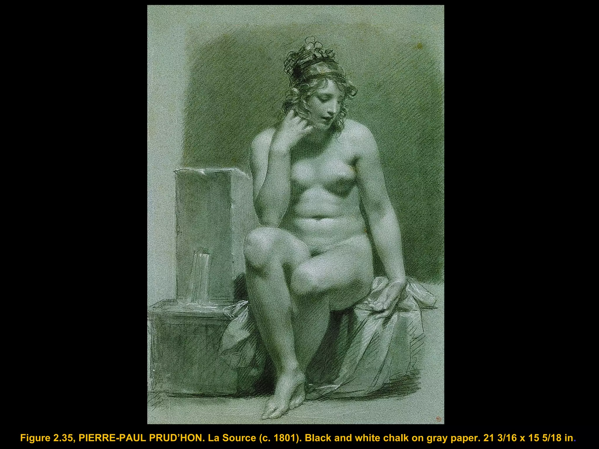 Figure 2.35, PIERRE-PAUL PRUD’HON. La Source (c. 1801). Black and white chalk on gray paper. 21 3/16 x 15 5/18 in .  