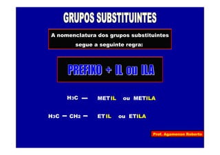 Prof. Agamenon Roberto
A nomenclatura dos grupos substituintes
segue a seguinte regra:
H3C METIL ou METILA
H3C CH2 ETIL ou ETILA
 