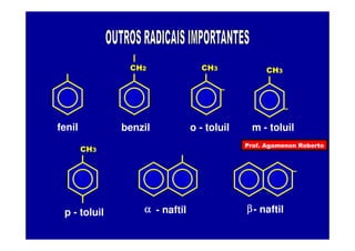 fenil
CH2
benzil
CH3
–
o - toluil
CH3
–
m - toluil
CH3
p - toluil - naftilαααα
–
- naftilββββ
Prof. Agamenon Roberto
 