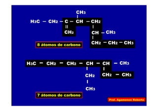 Prof. Agamenon Roberto
8 átomos de carbono
H3C
CH2
CH2
CH2
C
CH
CH
CH3
CH2
CH3
CH2 CH3
H3C
CH2
CH2 CH2 CH CH3CH
CH3
CH2 CH3
7 átomos de carbono
 
