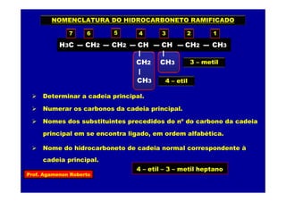 Prof. Agamenon Roberto
H3C
CH2
CH2 CH2 CH
CH3
CH
CH3
CH2 CH3
7 6 5 4 3 2 1
NOMENCLATURA DO HIDROCARBONETO RAMIFICADO
Determinar a cadeia principal.
Numerar os carbonos da cadeia principal.
Nomes dos substituintes precedidos do nº do carbono da cadeia
principal em se encontra ligado, em ordem alfabética.
3 – metil
4 – etil
4 – etil – 3 – metil
Nome do hidrocarboneto de cadeia normal correspondente à
cadeia principal.
heptano
 