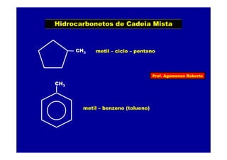 Prof. Agamenon Roberto
Hidrocarbonetos de Cadeia Mista
CH3 metil – ciclo – pentano
CH3
metil – benzeno (tolueno)
 