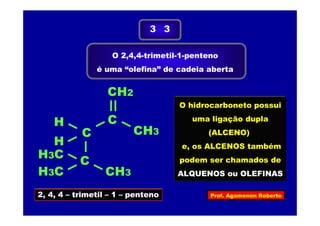 Prof. Agamenon Roberto
O 2,4,4-trimetil-1-penteno
é uma “olefina” de cadeia aberta
3 3
2, 4, 4 – trimetil – 1 – penteno
H
C
C
C
H
H3C
H3C
CH3
CH3
CH2
O hidrocarboneto possui
uma ligação dupla
(ALCENO)
e, os ALCENOS também
podem ser chamados de
ALQUENOS ou OLEFINAS
 